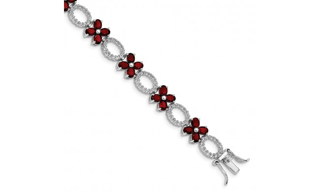 Quality Gold Sterling Silver Rhodium-plated Garnet Flower & White Topaz Bracelet - QG4929-7.75