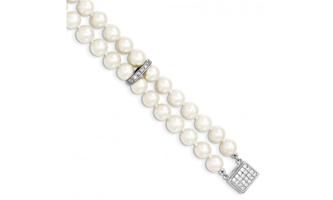 Quality Gold Sterling Silver Rhodium 7-8mm White FWC Pearl 2-Strand CZ Fancy Bracelet - QH5209-7