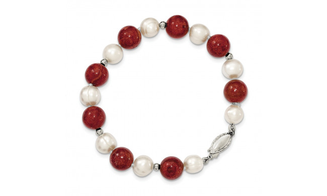 Quality Gold Sterling Silver FW Cultured Pearl & Stabilized Red Coral Bracelet - QH4561-7.5