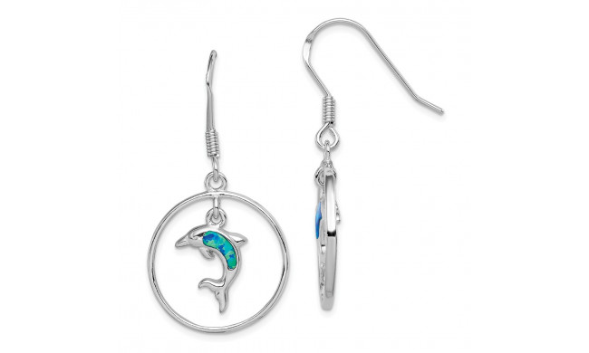 Quality Gold Sterling Silver Rhodium Circle  Created Blue Opal Dolphin Dangle Earrings - QE12600