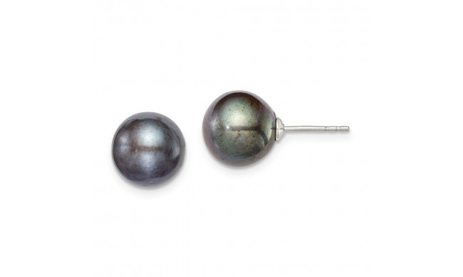 Quality Gold Sterling Silver 9-10mm Black FW Cultured Round Pearl Stud Earrings - QE12705