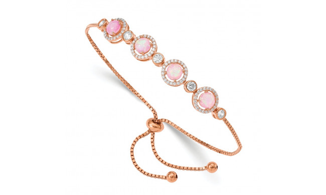 Quality Gold Sterling Silver Rose-tone Lab Created Opal & CZ Halo Adjustable Bracelet - QG4775