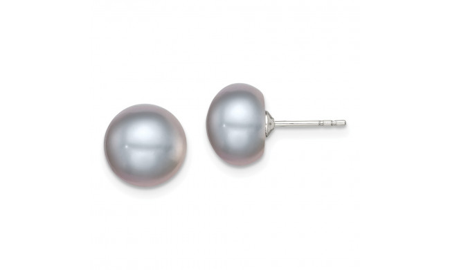 Quality Gold Sterling Silver 9-10mm Grey FW Cultured Button Pearl Stud Earrings - QE12679