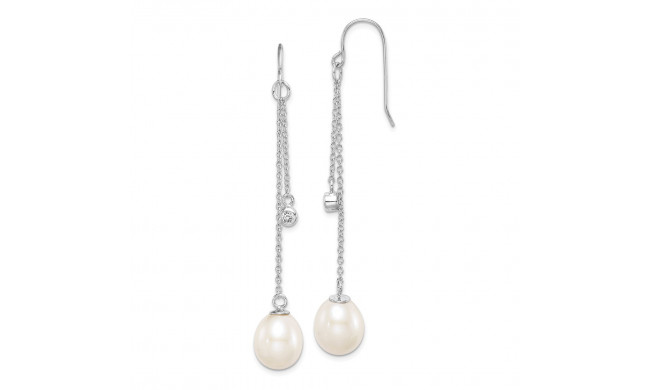 Quality Gold Sterling Silver Rhod-plat 9-10mm White Rice FWC Pearl CZ Dangle Earrings - QE15396