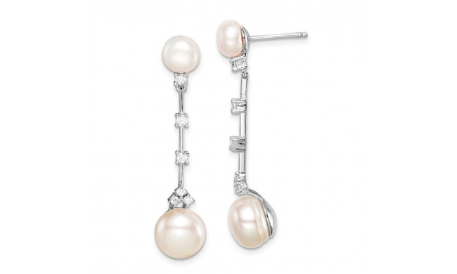 Quality Gold Sterling Silver Rhodium-plated CZ & FWC Button Pearl Dangle Post Earring - QE15402