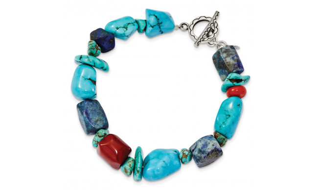 Quality Gold Sterling Silver Red Coral Howlite Lapis & Turquoise Bracelet - QH4565-8