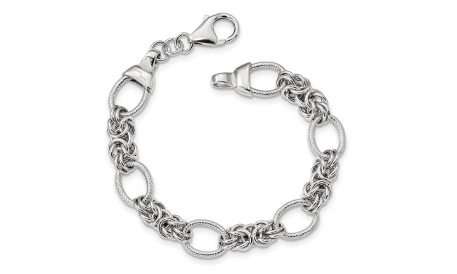 Quality Gold Sterling Silver Polished & Textured Rhodium-plated Fancy Link Bracelet - QG3893-7.5