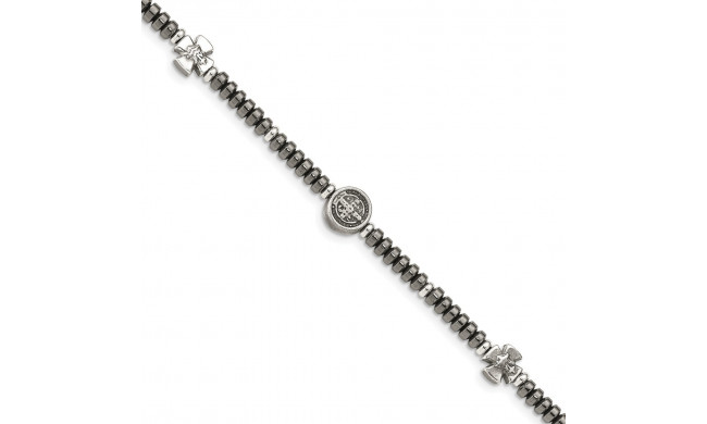 Quality Gold Sterling Silver Antiqued Black Bead with Crosses Bracelet - QG4873-8