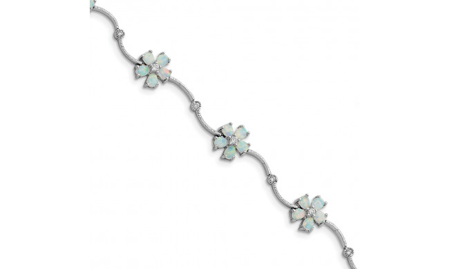 Quality Gold Sterling Silver Rhodium-plated 7inch Created Opal & CZ Flower Bracelet - QX525CP