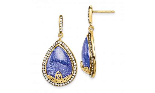 Quality Gold Sterling Silver Gold-tone CZ and Cracked Blue CZ Dangle Post Earrings - QE14000