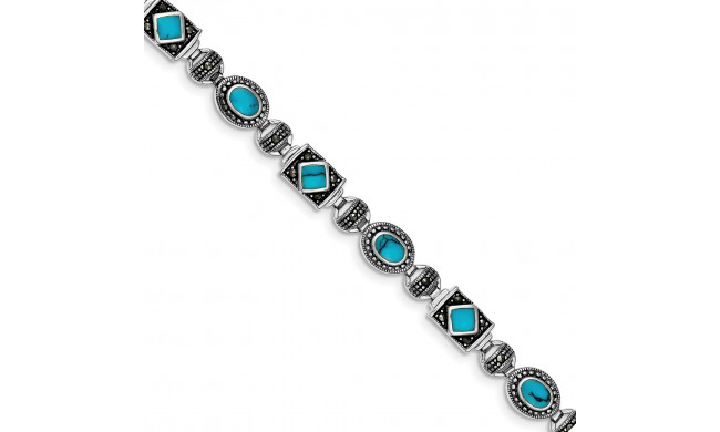 Quality Gold Sterling Silver Rhodium-plated Synth Turquoise and Marcasite Bracelet - QH1035-7