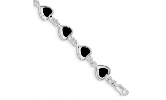 Quality Gold Sterling Silver 7inch Fancy Polished Heart Onyx Bracelet - QH387-7
