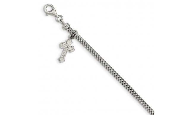 Quality Gold Sterling Silver Polished Mesh   Cross Charm With 1in Ext Bracelet - QG3921-7