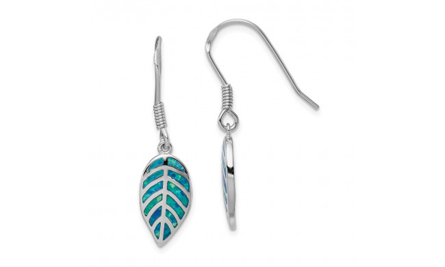 Quality Gold Sterling Silver Rhodium-plated  Blue Opal Inlay Leaf Dangle Earrings - QE14291