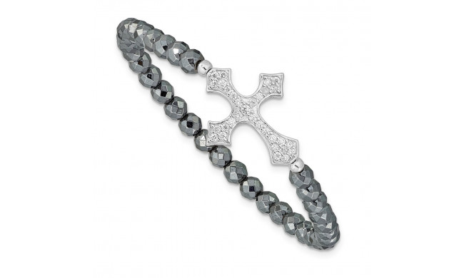 Quality Gold Sterling Silver Rhodium-plated Cross  CZ & Hematite Stretch Bracelet - QG3573