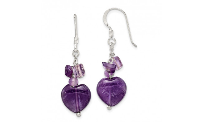 Quality Gold Sterling Silver Amethyst Heart Dangle Earrings - QE1324