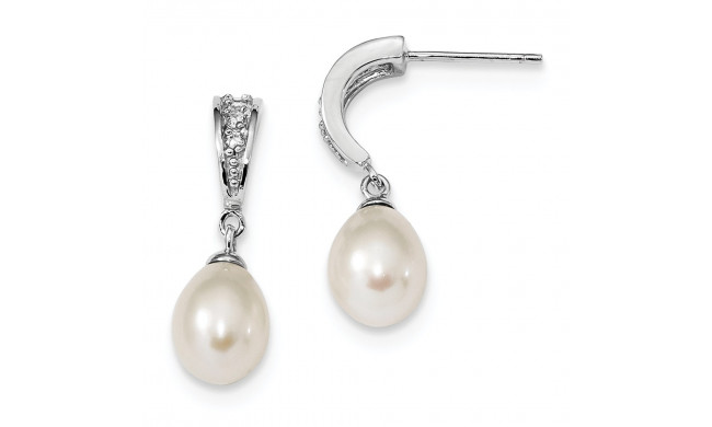 Quality Gold Sterling Silver RH 7-8mm White FWC Pearl CZ Post Dangle Earrings - QE13858