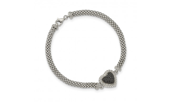 Quality Gold Sterling Silver Black CZ Heart Mesh Link Bracelet - QG5378-7.5