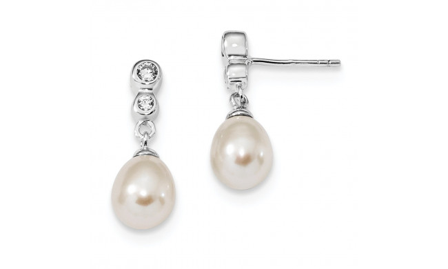 Quality Gold Sterling Silver RH 7.25mm Rice FWC Pearl CZ Post Dangle Earrings - QE13868