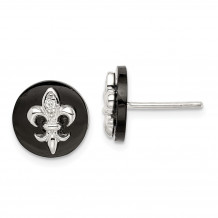 Quality Gold Sterling Silver CZ Fleur de Lis on Onyx Circle Stud Earrings - QE9089