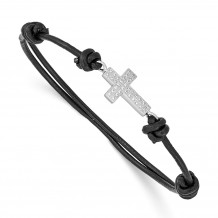 Quality Gold Sterling Silver Rhodium-plated CZ Cross Black Leather Adjustable Bracelet - QG3570