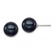 Quality Gold Sterling Silver 10-11mm Black FW Cultured Round Pearl Stud Earrings - QE12706