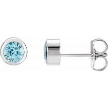 14K White 4 mm Round Genuine Blue Zircon Birthstone Earrings - 6108660023P