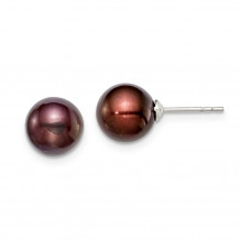 Quality Gold Sterling Silver 8-9mm Coffee FW Cultured Round Pearl Stud Earrings - QE12711