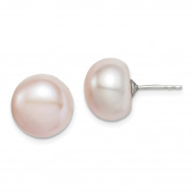 Quality Gold Sterling Silver 11-12mm Pink FW Cultured Button Pearl Stud Earrings - QE12687