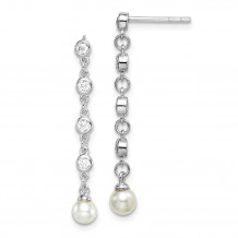 Quality Gold Sterling Silver Rhodium-plated CZ and Glass Pearl Dangle Post Earrings - QE15350