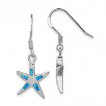 Quality Gold Sterling Silver  Blue Opal Inlay Flat Starfish Dangle Earrings - QE7438