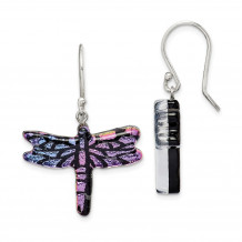 Quality Gold Sterling Silver Iridescent Glass Dragonfly Dangle Earrings - QE14250