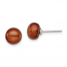 Quality Gold Sterling Silver 7-8mm Brown FW Cultured Button Pearl Stud Earrings - QE12673