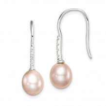 Quality Gold Sterling Silver 7-8mm Pink FWC Pearl CZ Dangle Earrings - QE14964