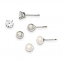 Quality Gold Sterling Silver Rhodium-plate 6mm Ball Button FWC Pearl CZ Stud Earring Set - QE12881SET