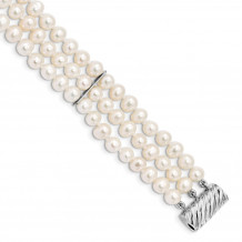 Quality Gold Sterling Silver RH 6-7mm White FWC Pearl 3 Strand Bracelet - QH5365-7.5