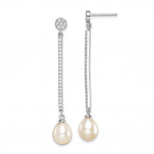 Quality Gold Sterling Silver Rhodium-plated CZ Bar & FWC Pearl Dangle Post Earrings - QE15351