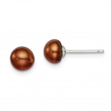 Quality Gold Sterling Silver 6-7mm Brown FW Cultured Button Pearl Stud Earrings - QE7786