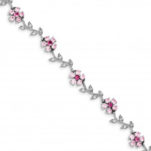 Quality Gold Sterling Silver Rhodium-plated 7.75inch Pink and Clear CZ Flower Bracelet - QX420CZ