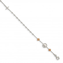 Quality Gold Sterling Silver Beaded Rosary  Rose-tone Roses 1IN Ext Bracelet - QG4949-7