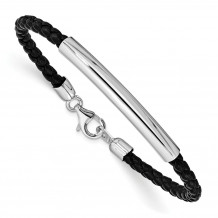 Quality Gold Sterling Silver Rhodium-plated Braided Black Leather Bracelet - QG1083-7