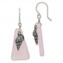 Quality Gold Sterling Silver Pink Sea Glass Seashell Dangle Earrings - QE14248
