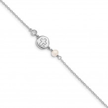 Quality Gold Sterling Silver Rhodium-plated CZ Cross & FWC Pearl  .5in ext Bracelet - QG4946-6.75