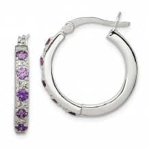 Quality Gold Sterling Silver Polished Purple and White CZ Hinged Hoop Earrings - QE12275