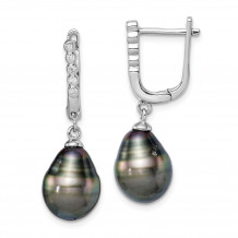 Quality Gold Sterling Silver Rhod-plat 9-10mm Tahitian Drop Pearl CZ Dangle Earrings - QE15380