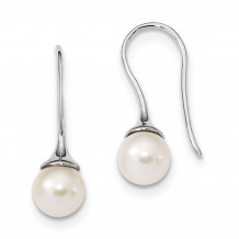 Quality Gold Sterling Silver RH 8-9mm White Round FWC Pearl Dangle Earrings - QE13904