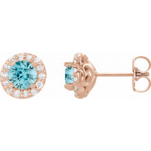 14K Rose 4 mm Round Blue Zircon & 1/8 Diamond Earrings - 86839645P