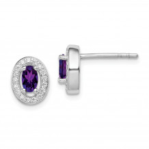 Quality Gold Sterling Silver Rhodium-plated   Purple & White CZ Oval Stud Earrings - QE12554