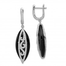 Quality Gold Sterling Silver Rhodium-plated CZ & Onyx Hinged Hoop Earrings - QE12338