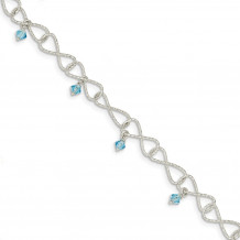 Quality Gold Sterling Silver Textured Aquamarine Colored Glass Bead Bracelet - QG3355-7.5